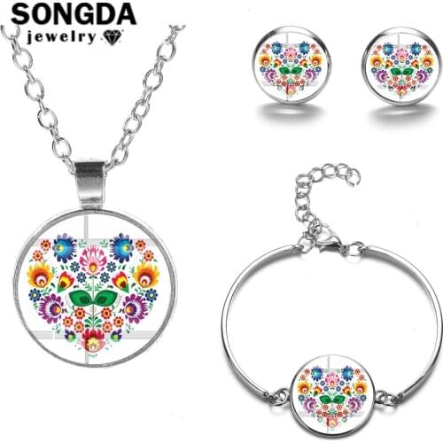 SONGDA 2019 New Bohemia Jewelry Sets Polish Folk Art Pattern Handmade Glass Cabochon Necklace Earrings Bracelet Set Bijoux Femme