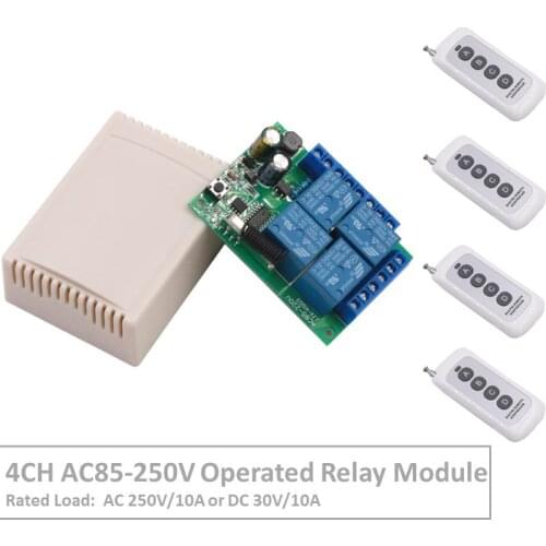 433Mhz Remote Control Switch for Light,Door, Garage Universal Wireless Remote Control AC 85V 250V 110V 220V 4CH Relay Receiver