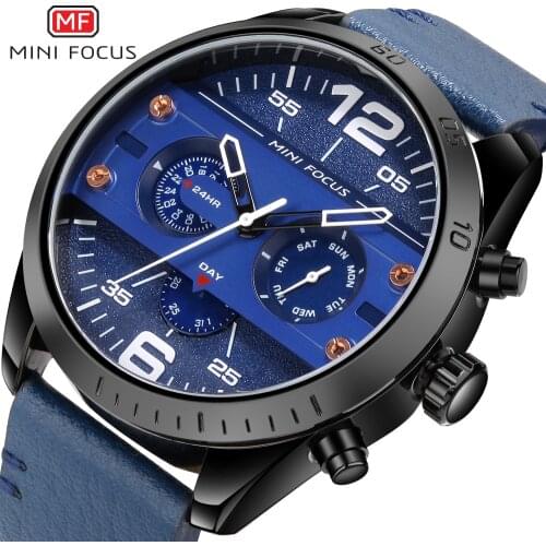 MINI FOCUS Waterproof Sport Watches For Men Quartz Clock Chronograph 3 Sub Dials Big Case Leather Strap Casual Wrist Watch Male