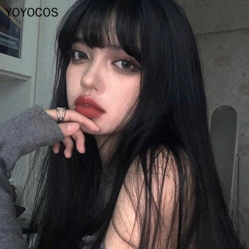 YOYOCOS Black Long Straight Hair Dark Light Brown Daily Wig 70CM Anime Cosplay Party Festival Wig Heat Resistant Sythentic Hair