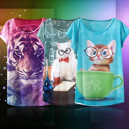 ArrivalFshion Girls Cat Owl Flower Lion Eiffel Tower Batwing Short Sleeves Loose Tops T-Shirt