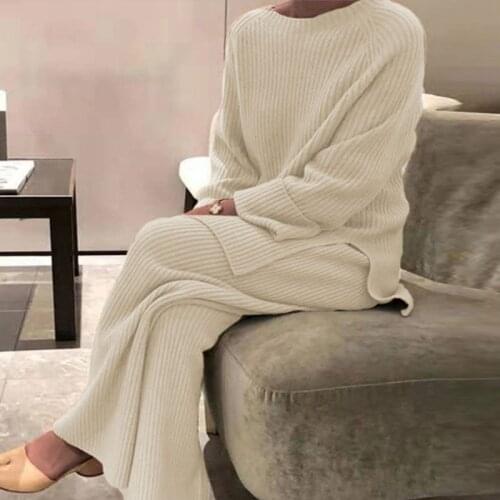 Autumn Winter Solid Lady Home Suit Fashion Soft Women Two Piece Set Casual O-Neck Pullover Tops + Knitted Pants Homewear Pajama