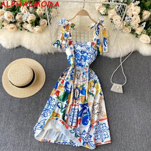 ALPHALMODA 2021 Floral Print Strap Dress Women Sweet Lace Suspender Summer Dress Ladies Fashion Beach Holiday Resort Dress