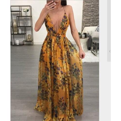 HOT boho summer dress beach dress Women Sexy Floral Printed V-Neck Sleeveless Chiffon Evening Party Long Dress vestidos floor