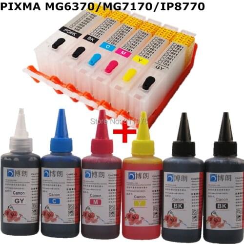 6 INK For CANON PIXMA MG6370 MG7170 IP8770 printer PGI 750 CLI 751 refillable ink cartridge+ 6 Color Dye Ink 100ml