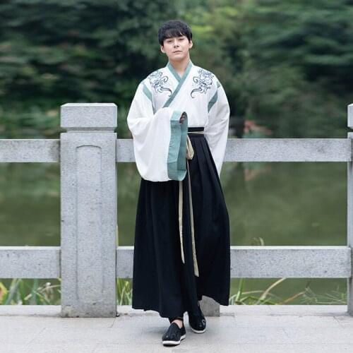 Free shipping big yards mens traditional hanfu wei wind day-to-day big sleeve shirt collar Ru skirts costume performance class