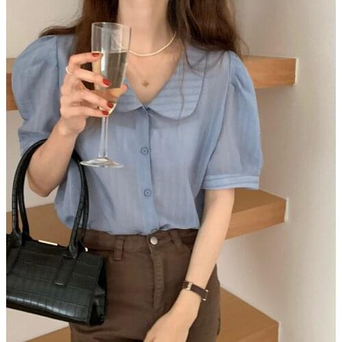 Blouse Women Korean Tops Chic Doll Collar Puff Sleeve Short-sleeved Shirt Solid Casual Vintage Sweet Button Blusas Mujer 14819