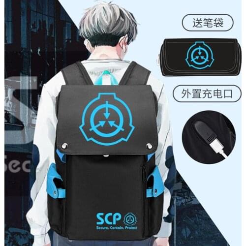 SCP Foundation USB Laptop Backpack Black Bookbag Cartoon School Bags for Teenage Kids SCP Travel Bagpack Shoulder Bags