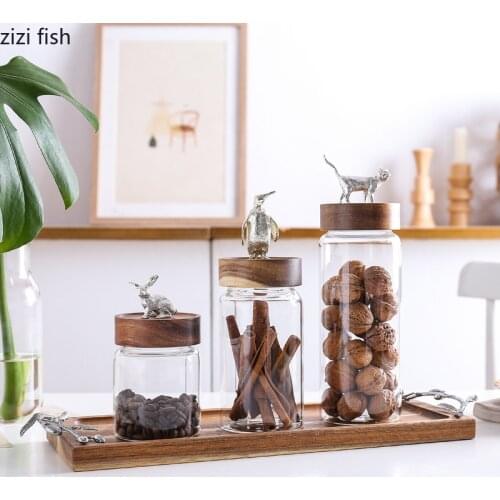 Animal Statue Decorative Storage Jars Dry Food Tanks Tea Canister Candy Pot Kitchen Storage Jar Wood Cover Glass Spice Organizer