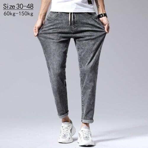 Mens Ankle Jeans Streetwear Casual Fashion Denim Trousers Male Harsh tannins Vintage blue Grey Pants Large size 40 42 44 46 48
