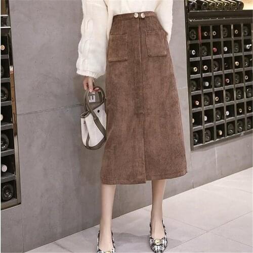 FairyShely Vintage Long Skirt Womens 2021 Corduroy Split Skirts Elegant Korean Style Fashion Pocket High Waist Midi Skirt Femme