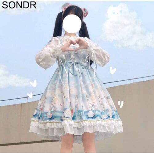 Kawaii Girl Lolita Summer Sling Dress Female Vintage Cartoon Print Sleeveless JSK Dresses Lace Bow Lolita Princess Dress 2021