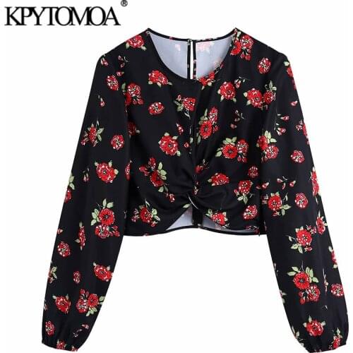 KPYTOMOA Women 2021 Fashion Hollow Out Floral Print Crop Blouses Vintage Long Sleeve Side Zipper Female Shirts Chic Tops