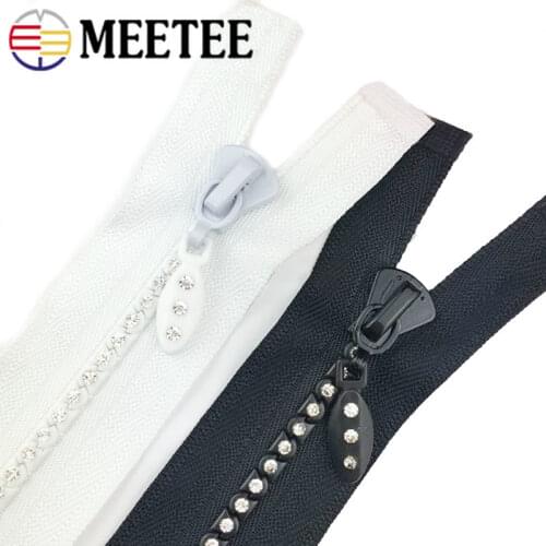 Meetee 2pcs 50/60/70cm 5# Resin Rhinestone Zipper Open-End Auto Lock Diamond Decoration Zips for Jacket Coat DIY Sewing Zippers