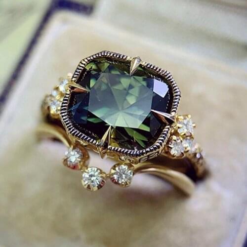 Milangirl Popular Green Crystal Stone Ring Set for Women Fashion Golden Inlaid Zircon Wedding Engagement Party Jewelry