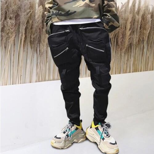 Personality harem pants mens street zipper Multi-pocket trousers pantalones hombre cargo feet pants for men pantalon homme black