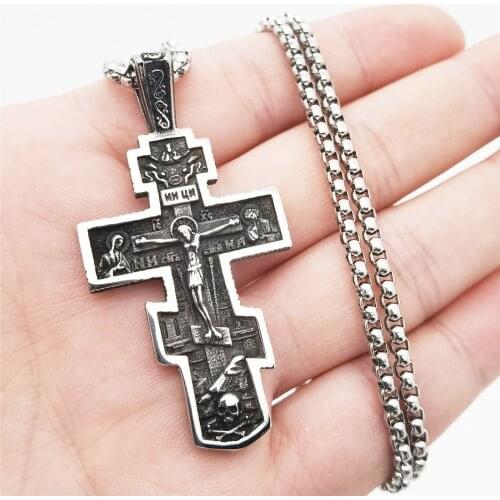 Mens Russian Orthodox Crucifix Cross Pendant Necklace Stainless Steel