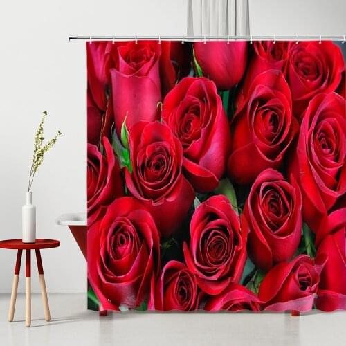 Valentines Day Themed Shower Curtain Set Romantic Heart-Shaped Rose Polyester Fabric Home Bathroom Products With Hooks