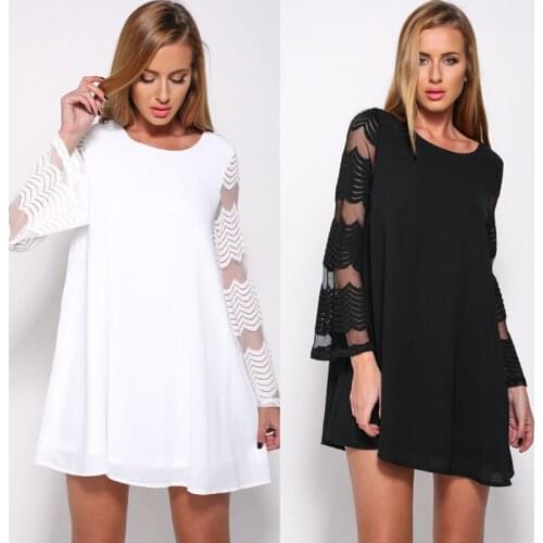 Casual O Neck Lace Long Sleeve Mini Dress women A Line Korean High Waist Loose Solid Dresses 2021 Summer New Style Short Clothes