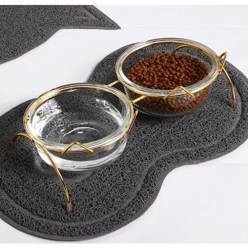Pet Dog Cat Glass Tilted Elevated Bowl Raised Feeding Dish Food Water Slow Feeder with Metal Stand