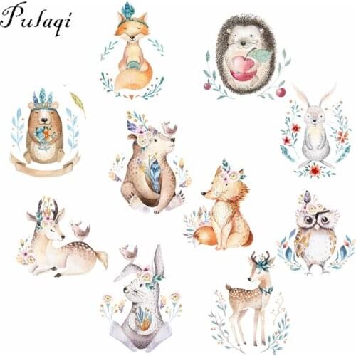 Pulaqi Cute Rabbit Patches Iron On Transfer For T-Shirts Animal Owl Fox Heat Thermal Transfers Patch Decor For Kids Clothes F