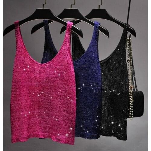 Sexy V-neck sequined knitted Tanks tops Women Bronzing shiny Camis Hollow Club Beading knitted Vest camisole Party Tops 2018