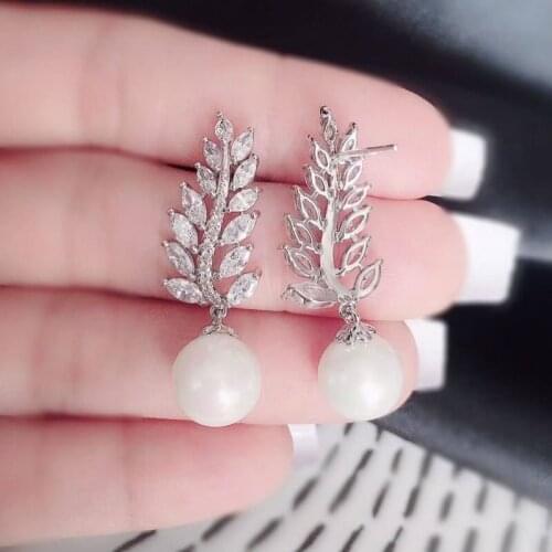 New Luxury Perfectly Round Simulated Pearl Earrings For Women CZ Stone Earrrings Leaf Bride Earrings Fashion Jewelry Brincos