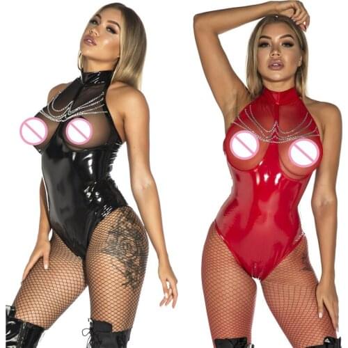 Sexy Wetlook Faux Leather Catsuit PVC Latex Bodysuit Hollow Out Bust Open Crotch Clubwear Fetish Exotic Apparel Dance Clubwear