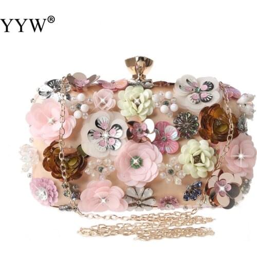 Hand-Embroidered Flower Sequin Bag Vintage Portable Dinner Bag Chain Small Square Bag Elegant Woman Evening Clutch Bag