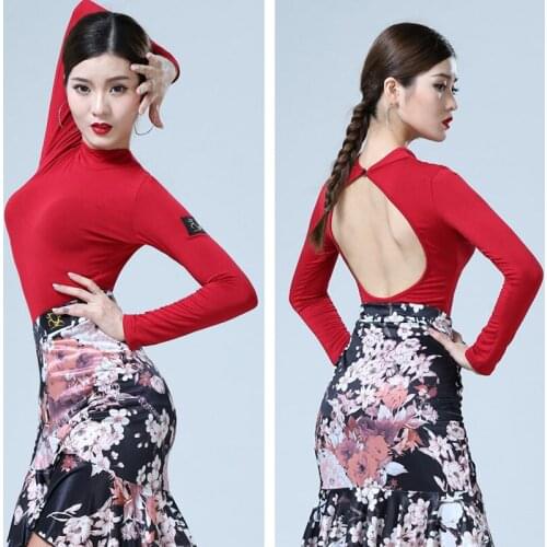 2020 Latin Dance Tops Women New Elastic Tops Long Sleeve Dance Clothes Sexy Open-Back Training Tango Ballroom Dance Tops BI371
