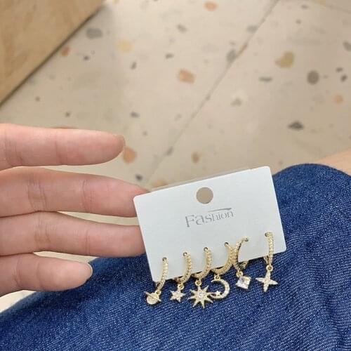 Origin Summer Japanese Stylish Cubic Zircon Moon Star Hoop Earring for Women Gold Color Metal Planet Earring Jewelry Pendientes