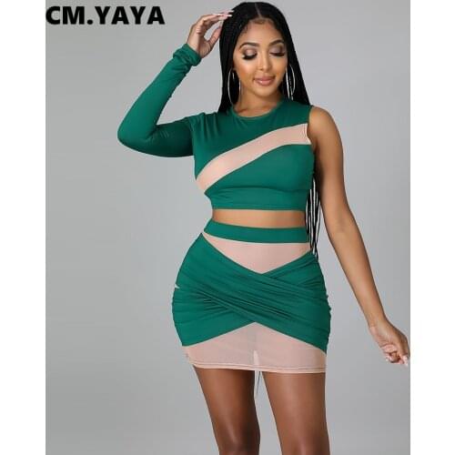 CM.YAYA Women Two Piece Set Solid O-neck Single Sleeves Top+slim Mini Skirts Set Sexy Casual Gauze Outfits Autumn 2021