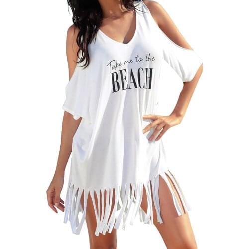 2019 Summer New Women Sexy Off Shoulder Tassel Letter Printed Loose Beach Dresses Sundress Casual Dress Vestidos