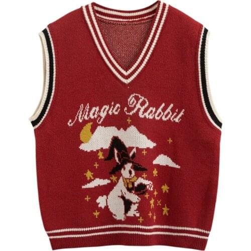 Women 2021 fashion magic rabbit knitted vest sweater V neck sleeveless cartoon loose female waistcoat chic tops