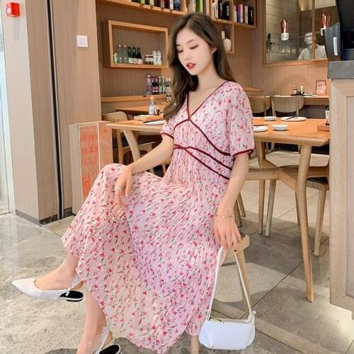 24898# Maternity Dress Summer V Neck Short Sleeves Easy Matching Loose Stylish Dress Pregnant Women Mom Dress