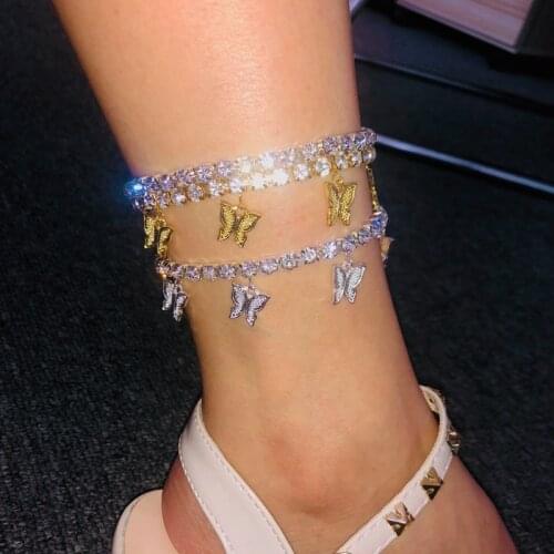 Cute Gold Cuban Butterfly Anklets for Women Rhinestone Crystal Ankle Bracelet Boho Beach Female Anklets Foot Jewelry 2020