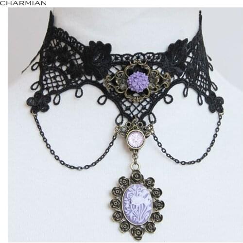 Charmian Elegant Lolita Black Rose Lace Cameo Choker Necklace Accessories