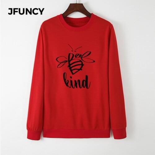 JFUNCY Women Plus Size Hoodies O-Neck Long Sleeve Female Pullover New Bee Print Woman Casual Hoody 2020 Autumn Sweatshirt