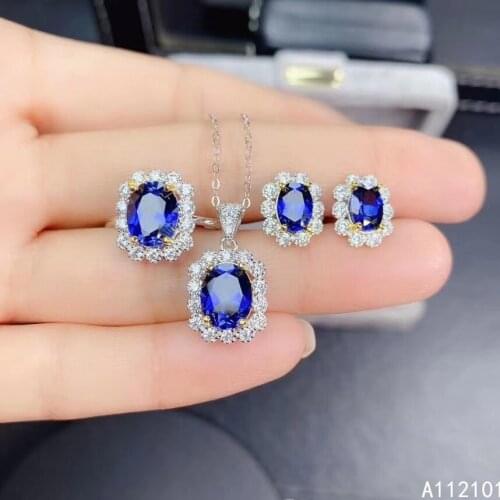 KJJEAXCMY fine Jewelry 925 sterling silver inlaid natural sapphire popular pendant ring earring set support test Chinese style
