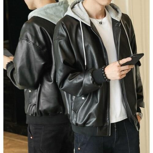 Mens Casual PU Leather Hooded Jacket Loose Long Sleeve Black Yellow Coat B17