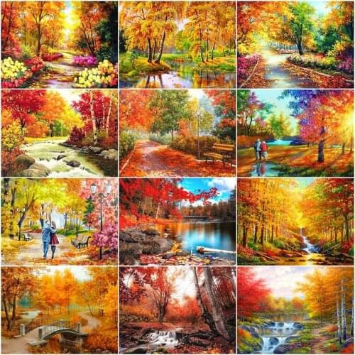 CHENISTORY 60x75cm Frame Painting By Numbers Maple Kits For Adults Handmade Unique Gift Autumn Landscape Picture Home Decor
