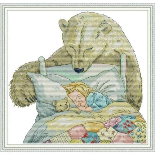 Bear and little girl cross stitch kit aida 14ct 11ct count print canvas cross stitches needlework embroidery DIY handmade