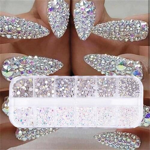 2021 New 2 Colors 12 Grid 1440PCS AB Crystal Flat Back Rhinestone Diamond Gem 3D Glitter Nail Art Decoration Nails Supplies
