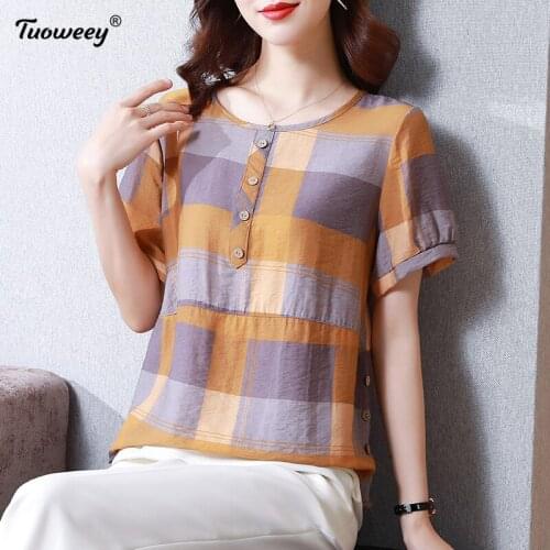 2021 New Summer style Middle Aaged Women Korean plaid O-Neck Blouse Tops Female Print Fashion Loose blusas Plus Size 4xl Shirt