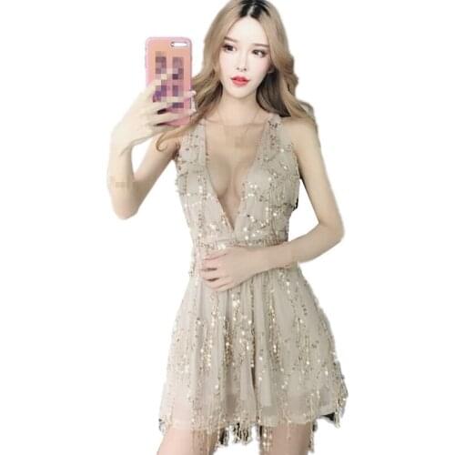 B3746 Summer 2020 new fashion sexy womens sequined backless deep V neck low-cut show thin dress cheap wholesale