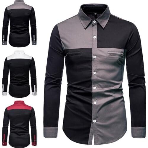Mens Shirts Business Shirts Men Patchwork Turn Down Collar Long Sleeve Shirts Single-breasted Shirt Men Shirts Male Clothes