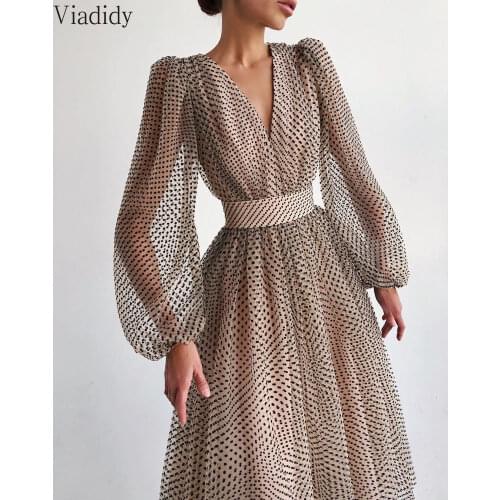 Temperament Ladies Puff Sleeve Polka Dot Dress Women Deep V Neck High Waist Long Sleeve Party Sheer Dress