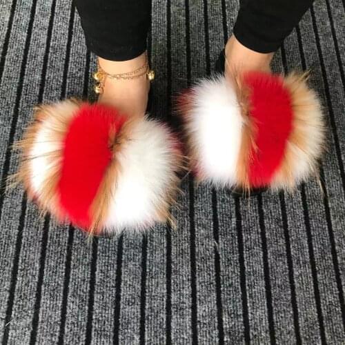 New Summer Womens Real Fox Fur Slippers Ladies Fashion Fluffy Plush Shoes Female Beach Casual Flip Flops Cute Soft Furry Slides