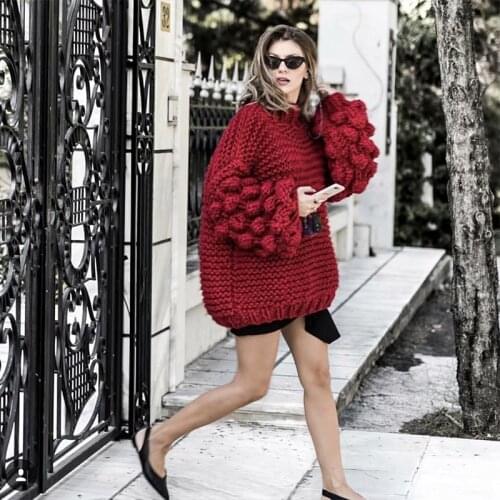 Super chic jumper red hand knitted sweater long sleeve o neck ball autumn winter sweater handmade
