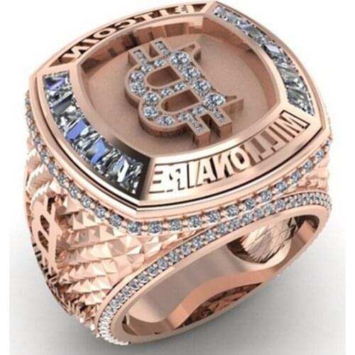 Hip Hop Style Golden Bitcoin Commemorative Gift Rings for Women Men Rose Gold Crystal Wedding Ring Anniversary Party Jewelry